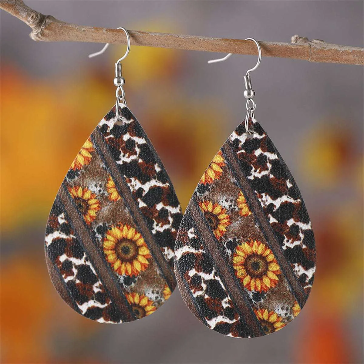 Advanced Black Yellow Cow-Print Sunflower Drop Earrings Fine