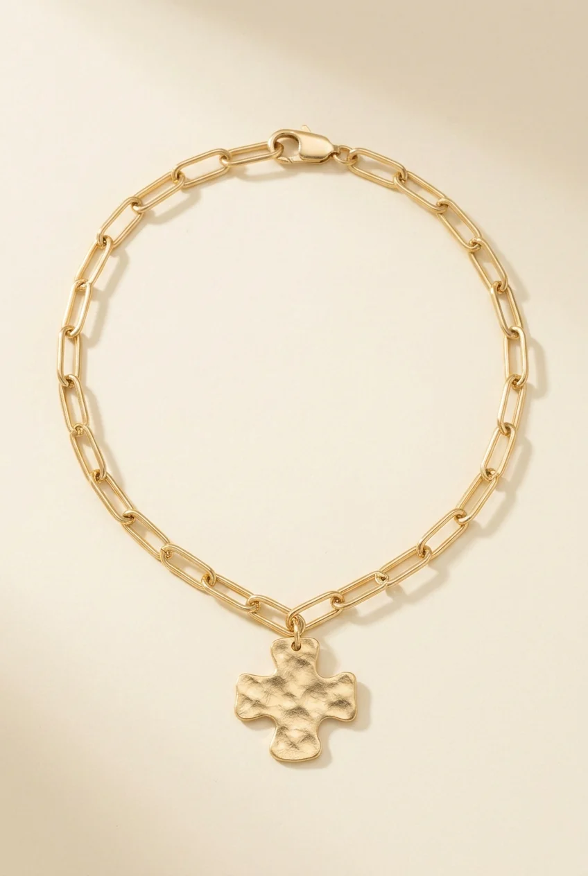 Organic Harper Hammered Square Cross Charm Paperclip Chain Minimalist