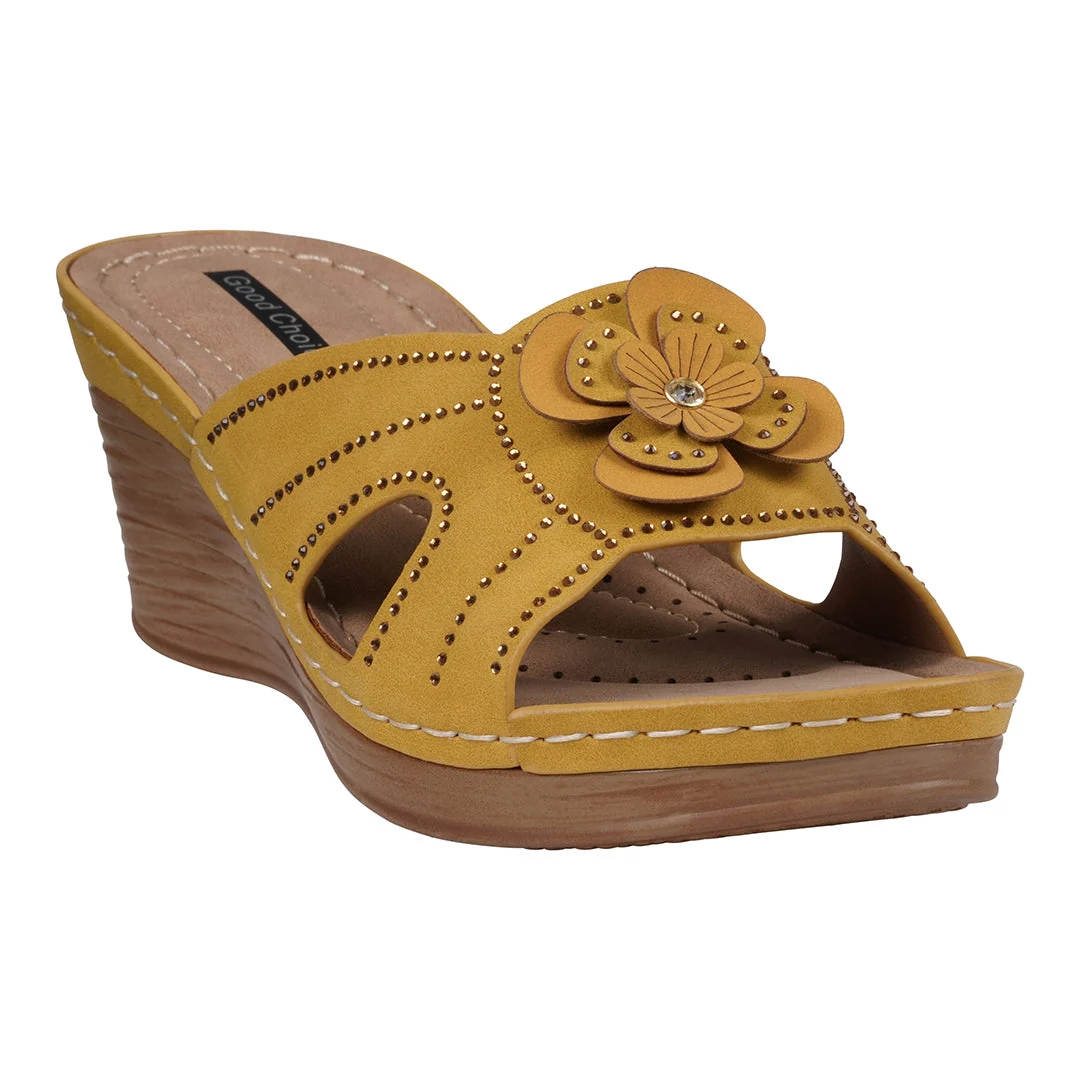 Stylish Women's Fiora Yellow Floral Wedge Sandals Genuine