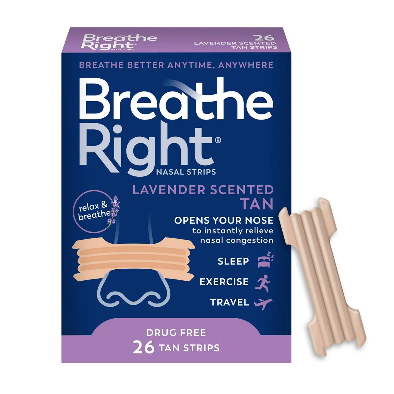 Crafted Breathe Right Nasal Strips for Congestion Relief Lavender Scented Drug- 26 Ea Trendy