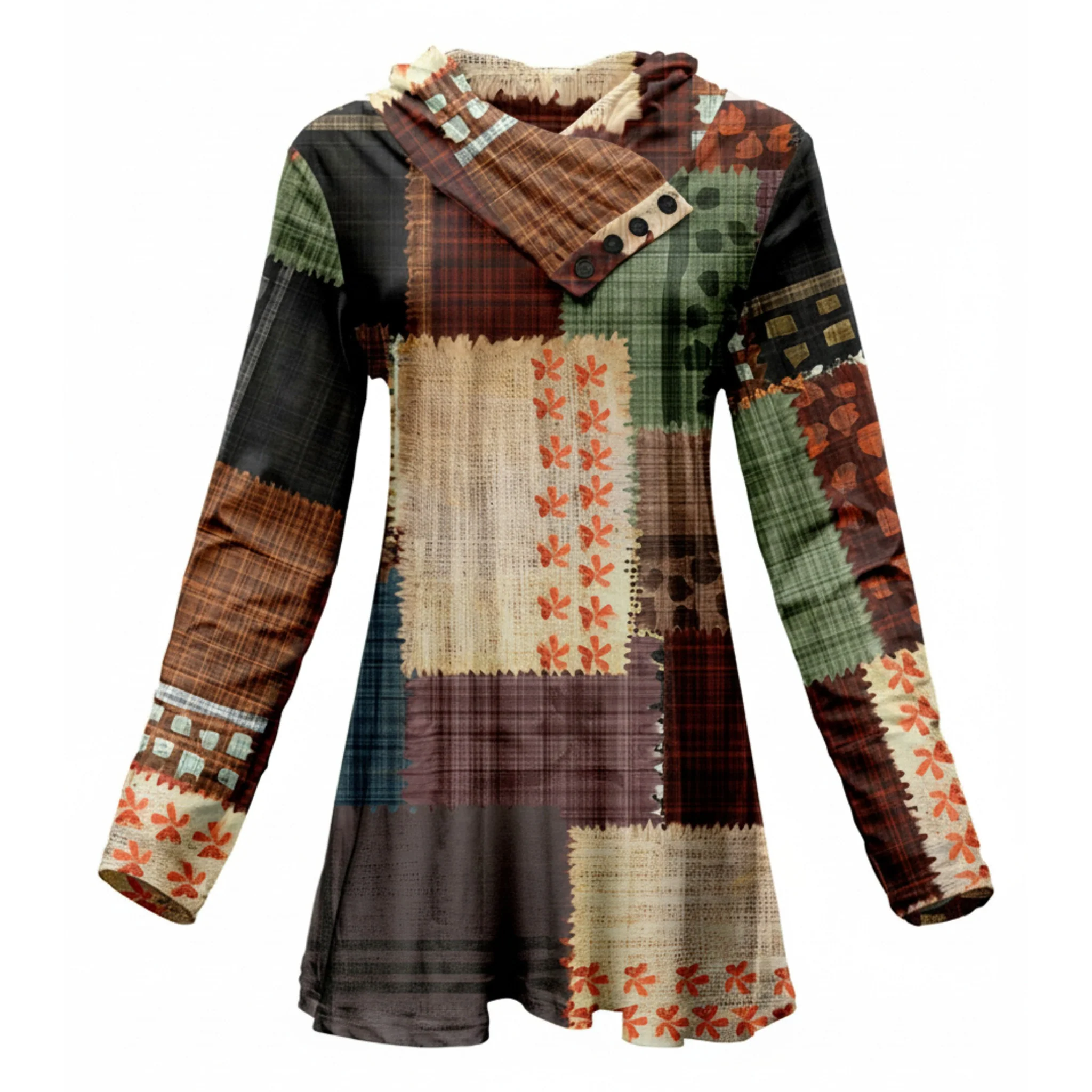 Advanced Lily by Firmiana Women's Shawl Neck Tunic with 4-Button Placket and Long Sleeves Brown and Multicolored Fall Patchwork Superior