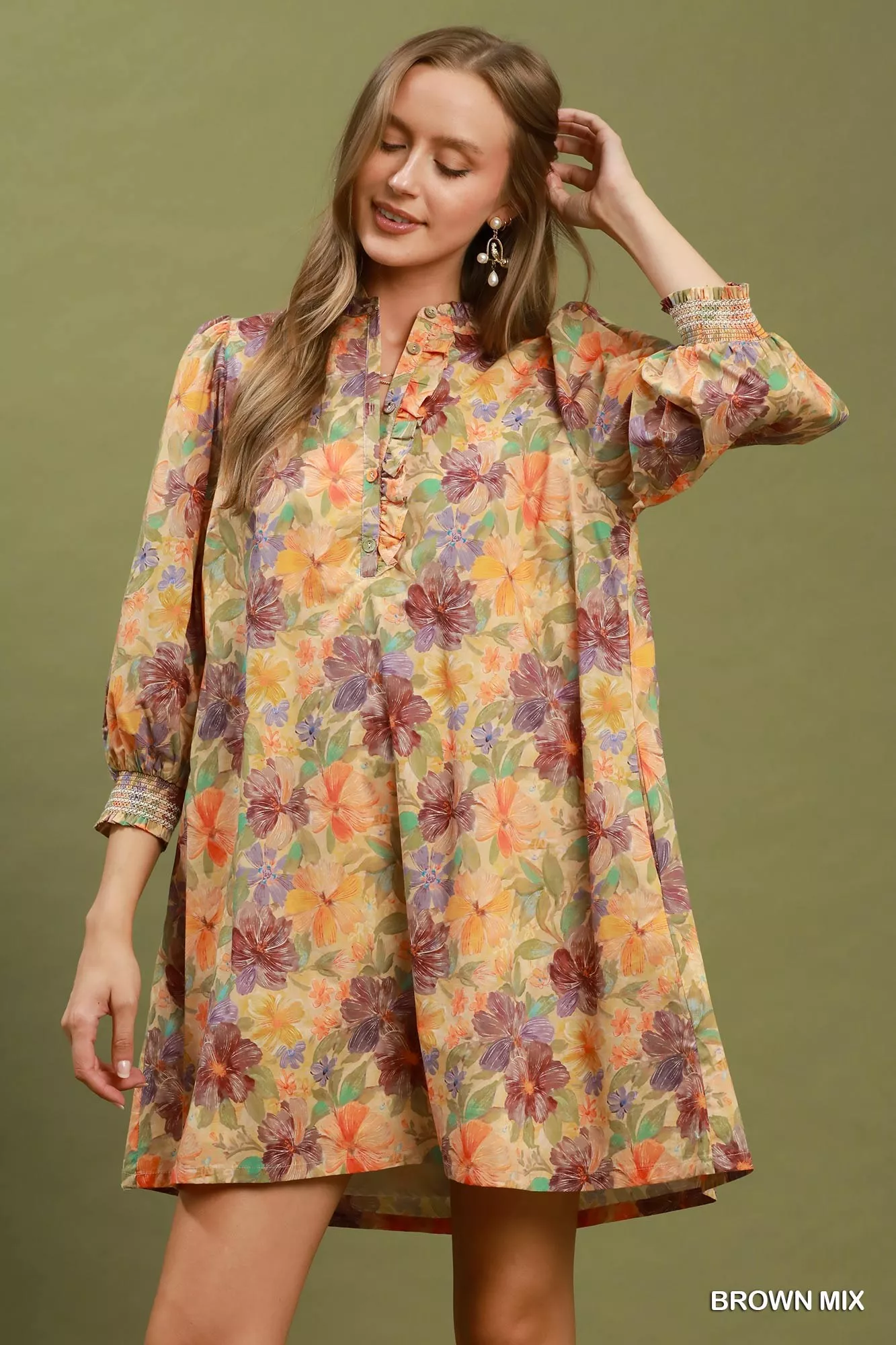 Certified Umgee Mix Floral Print Smocked Cuff Mini Dress Premium Material