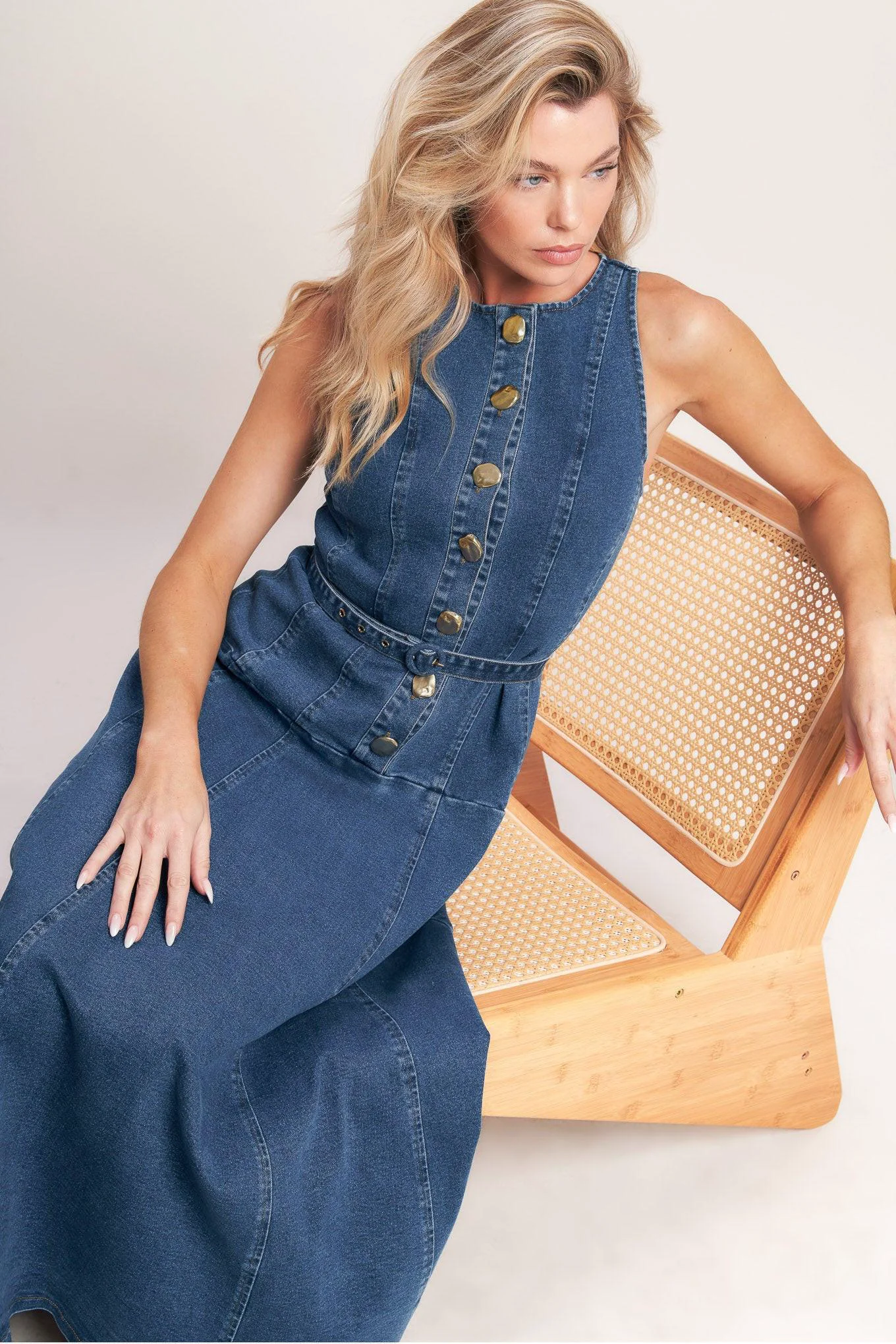 Advanced Sunday Stroll Denim Midi Dress Detailed