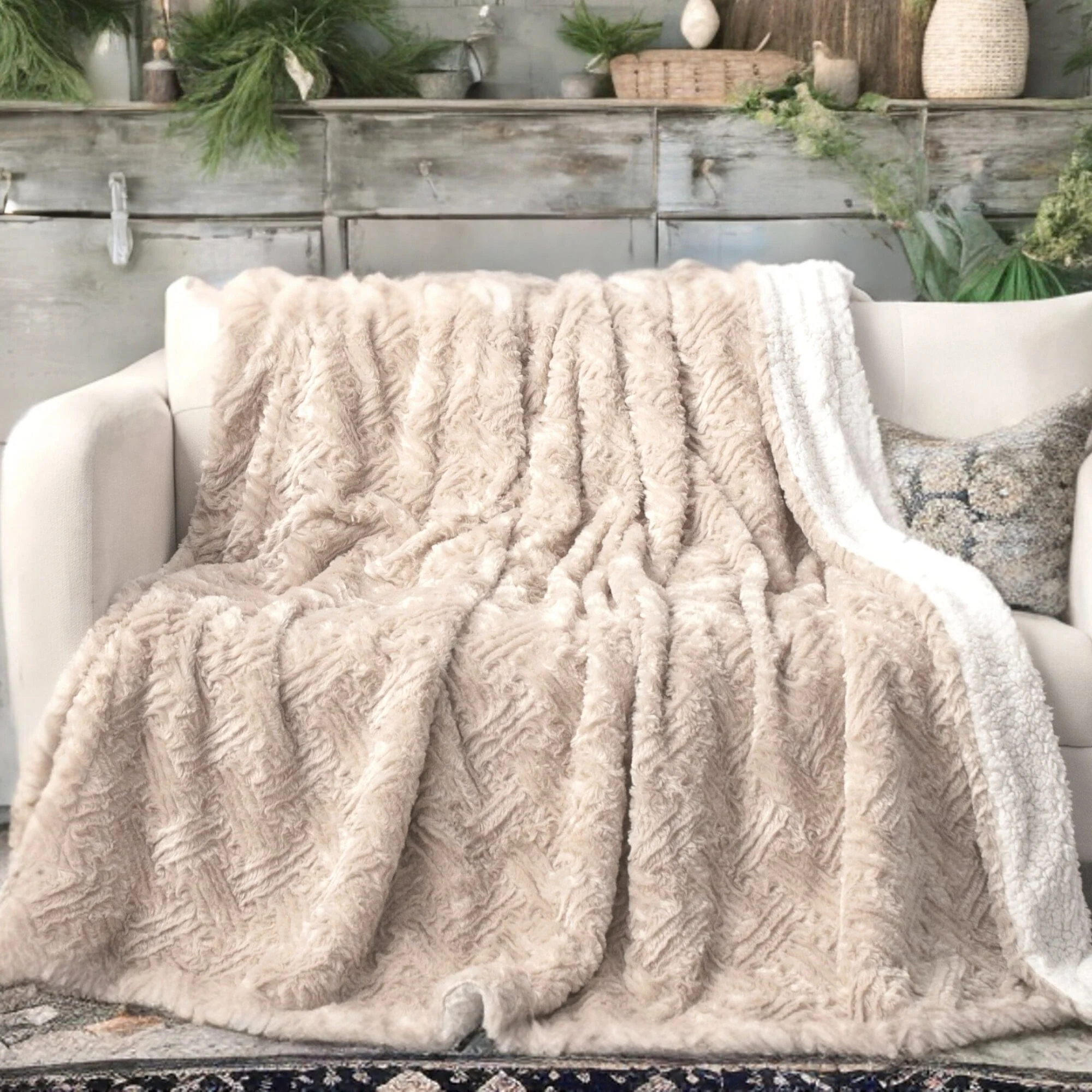 First-Class DaDalogy Bedding Champagne Ivory Faux Fur Throw Blanket - Dreamy Gold Geometric Embossed Sherpa Backside - Super Soft Warm Cozy Plush Fluffy Fashionable