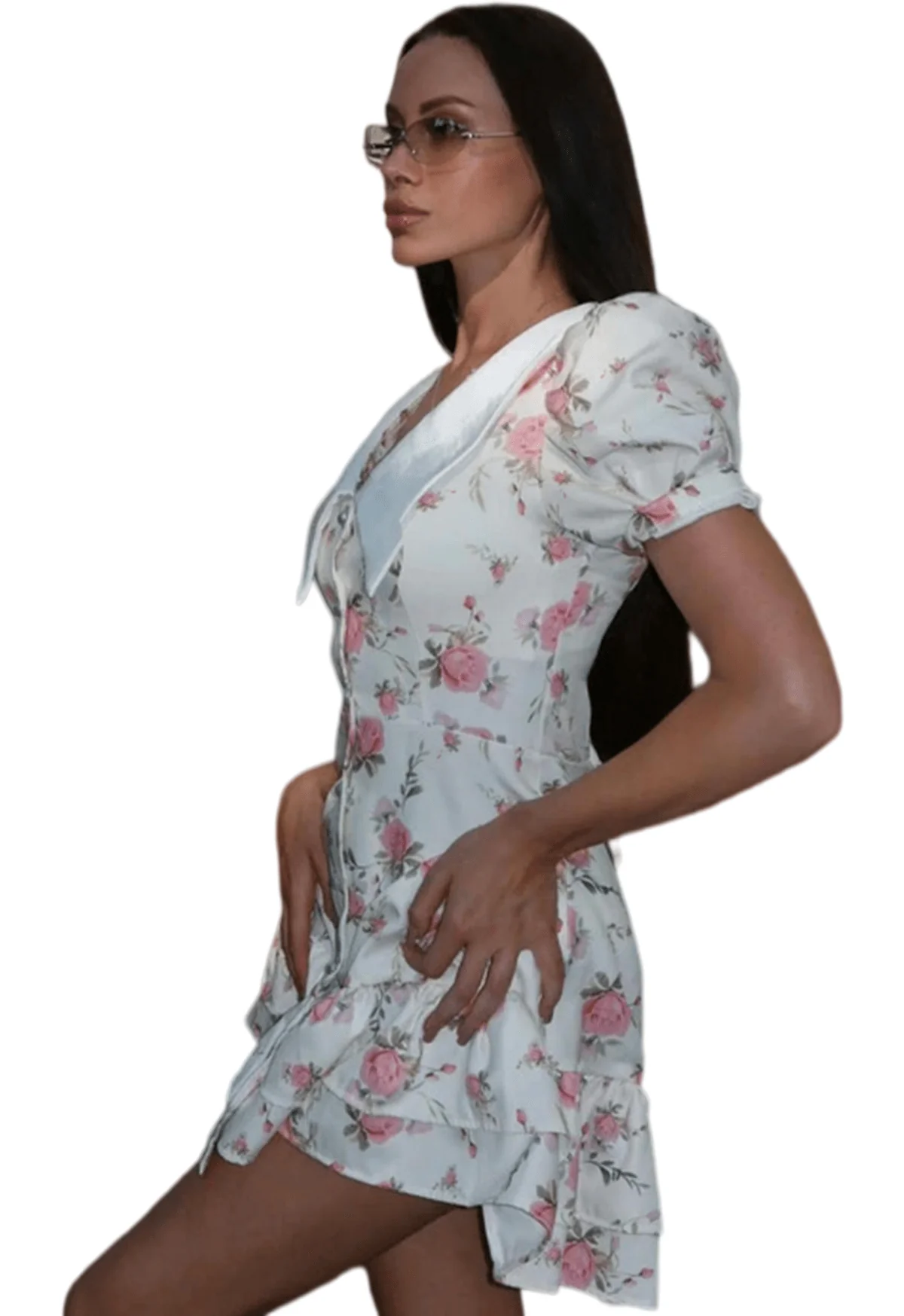 Dependable Chic YC Women's Floral Peter Pan Collar Puff Sleeve Mini Dress Vintage Ruffle Hem Summer Casual Dress Long-Lasting