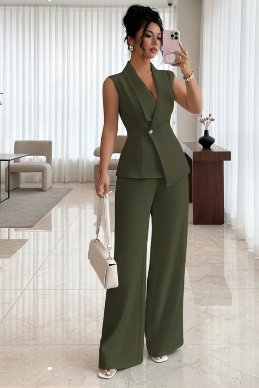Contemporary Women's Peplum Sleeveless Blazer Wide-Leg Pants Two-Piece Set Fast