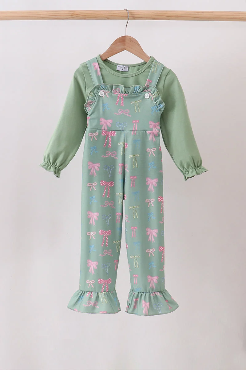 Dependable Sage Bow Ruffle Jumpsuit Set Outstanding