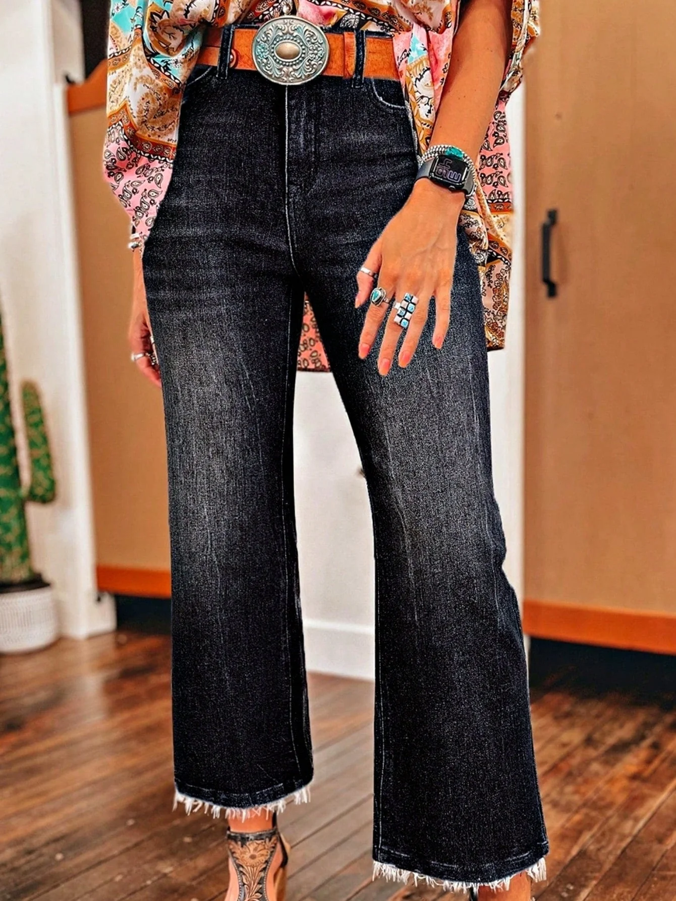 Flexible Boho Cotton Carbon Grey Mineral Wash Raw Tattered Hem Mid High Waist Cropped Semi Ankle Boot Cut Jeans Traditional