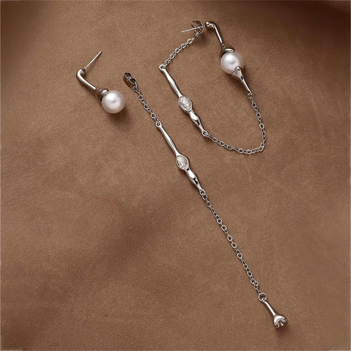Consistent Pearl Crystal Silvertone Mismatched Ear Jackets Sustainable
