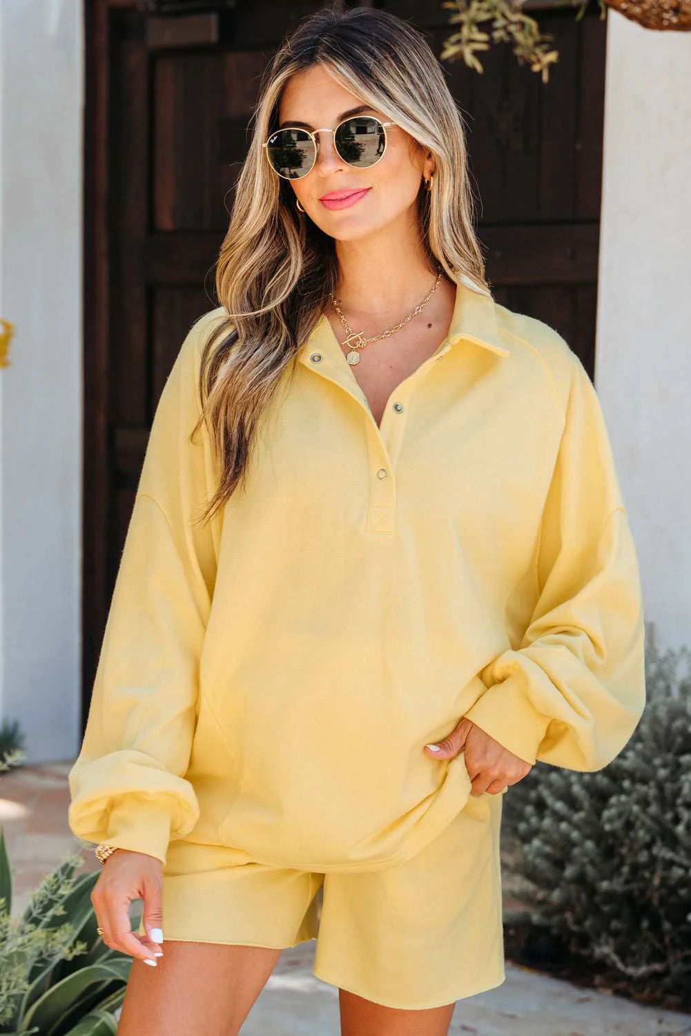 Breathable Threaded Pear Kylie Button Collar Drop Shoulder Pullover and Shorts 2pcs Outfit Expertly Made