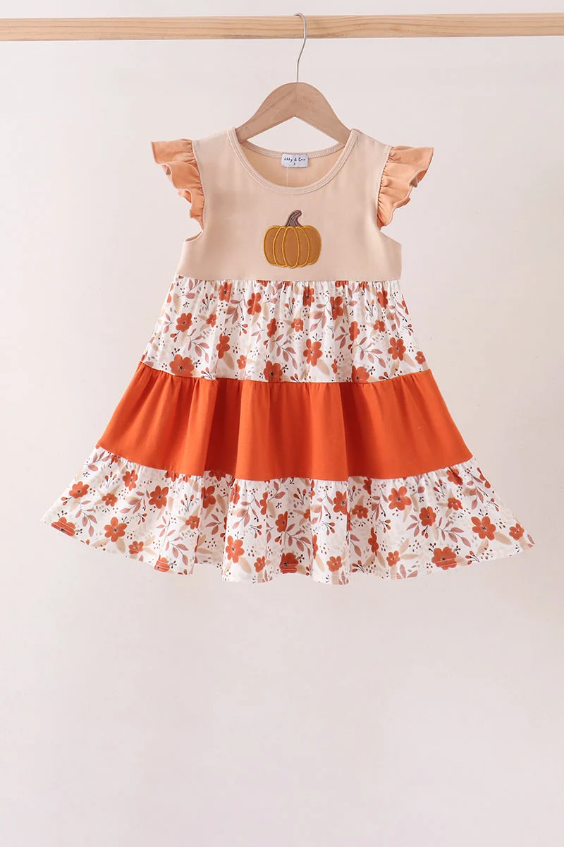 Superior Floral Pumpkin Embroidery Ruffle Dress Fast