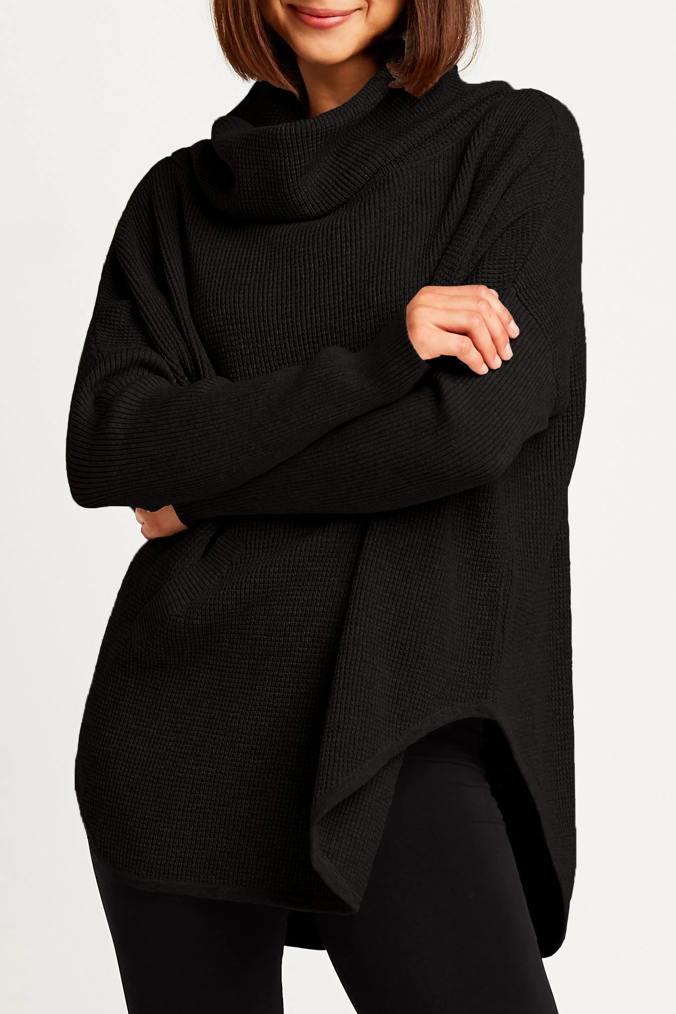 Optimized Pima Cotton Waffle Cowl Sweater - Black Elite