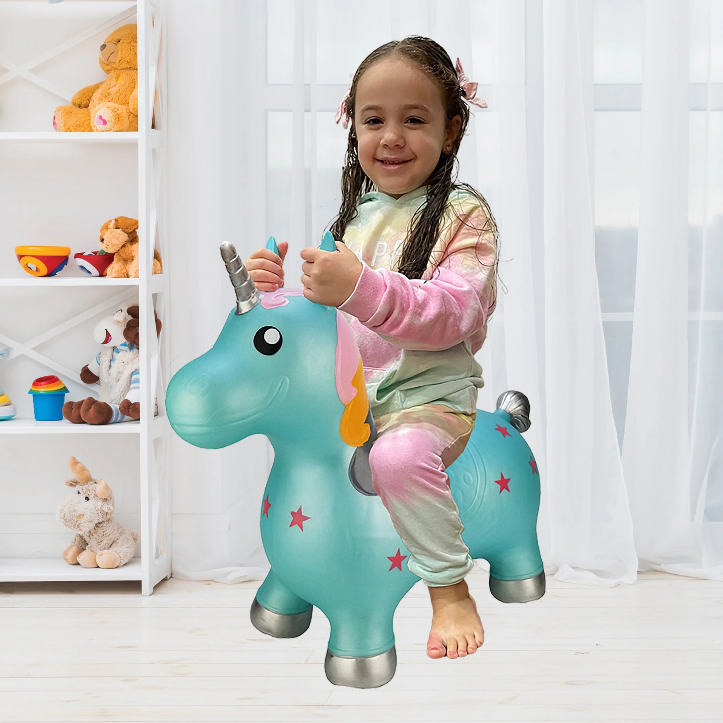High-Grade BounceZiez Inflatable Bouncy Ride-On Hopper with Pump - Blue Unicorn Green