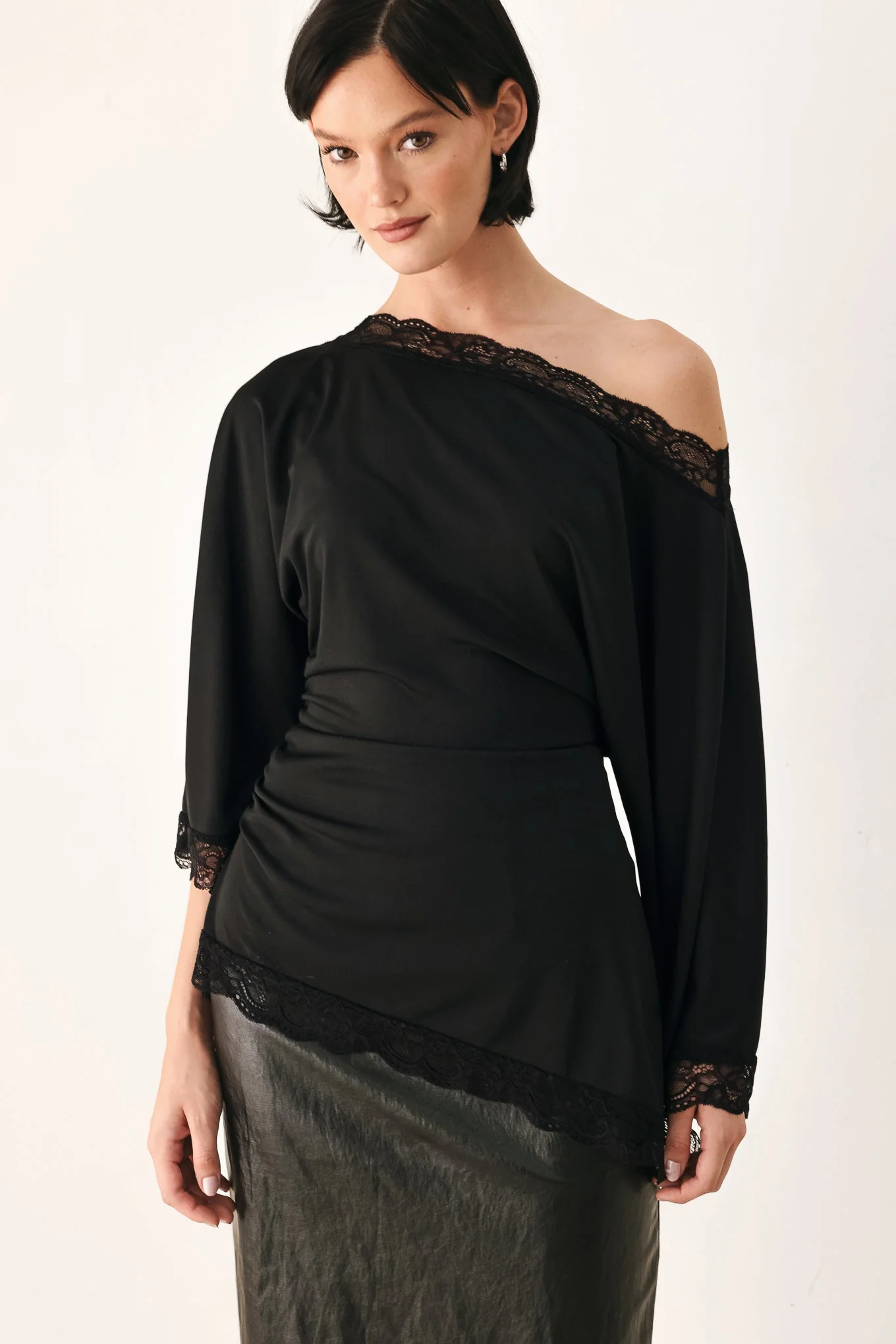 Carefully Designed After Hours Lace Trim Asymmetrical Top Durable