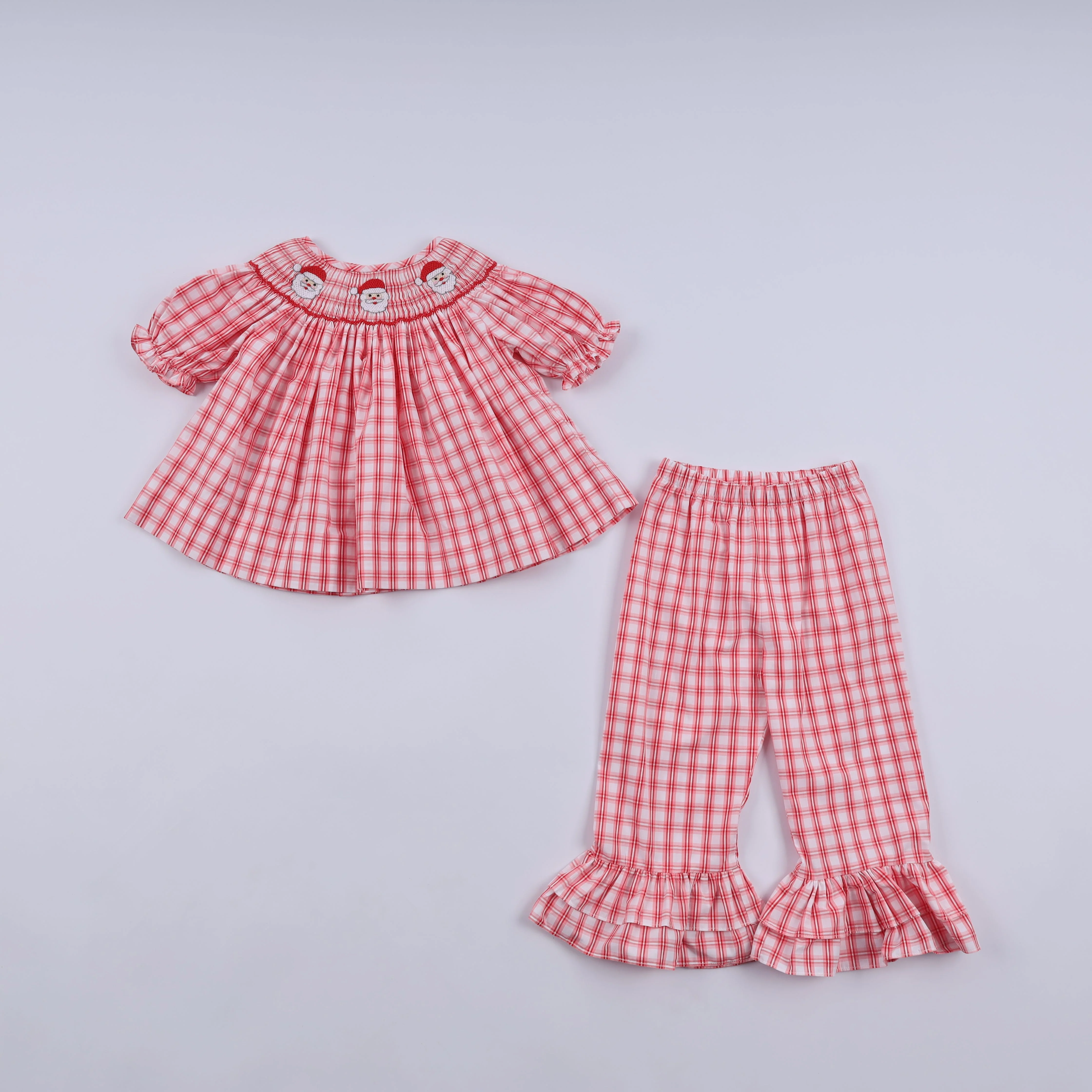 User-Friendly Red christmas santa claus hand smocked plaid ruffle pants set Fashionable