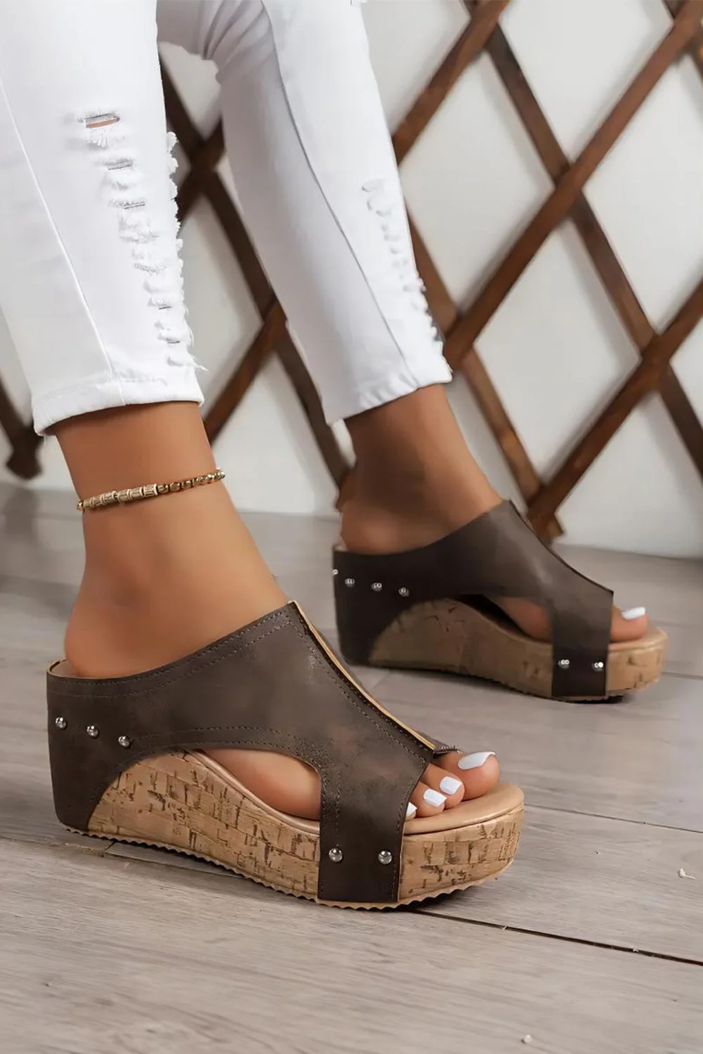 Verified Threaded Pear Skylar Pu Leather Wedge Slippers Innovative
