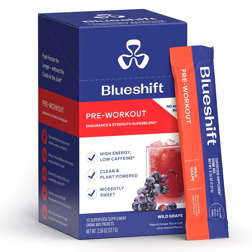 Exclusive Blueshift Pre Workout Drink Mix Powder Packets Wild Grape Flavor High Energy Low Caffeine Sticks 10Ea Convenient