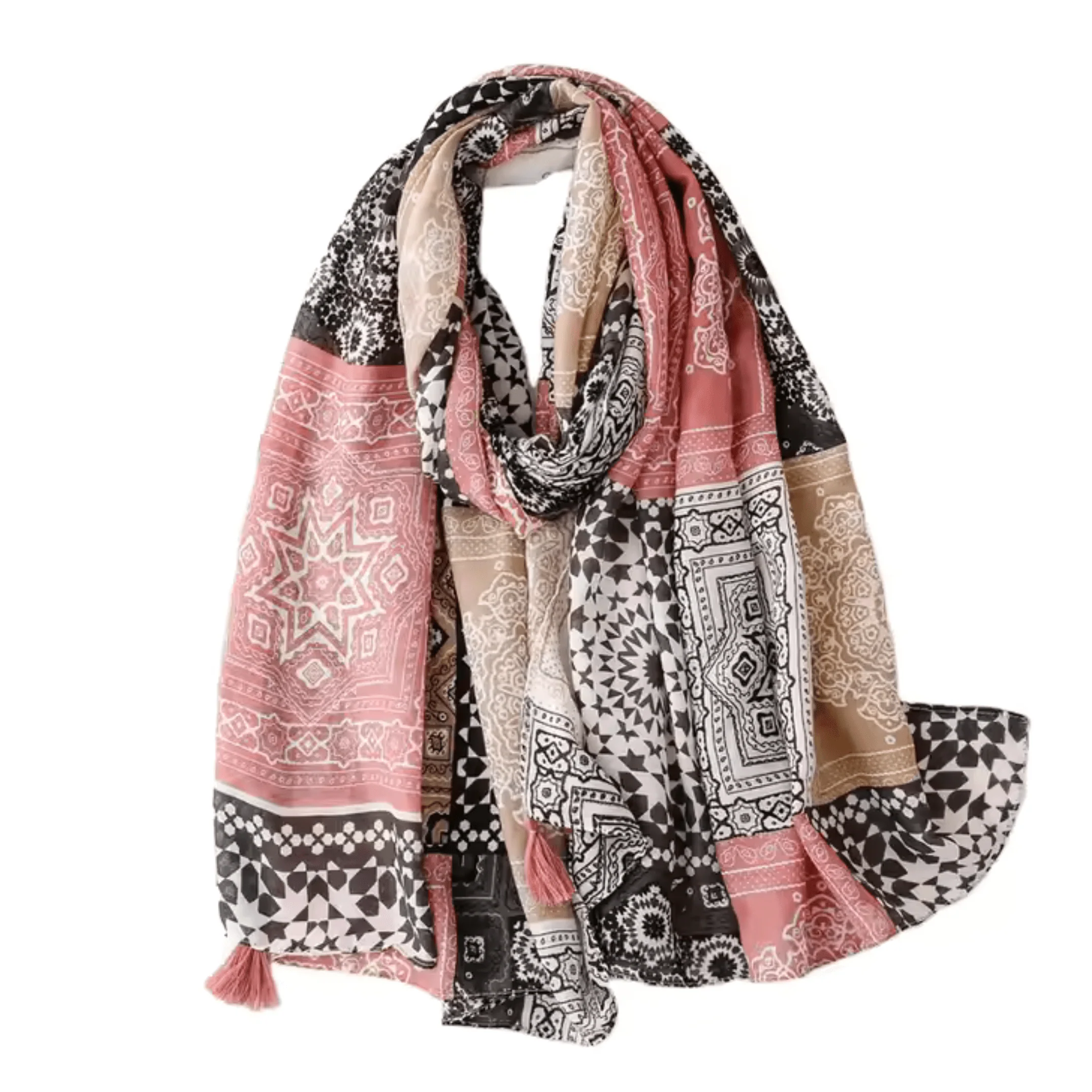 Carefully Designed Bohemian Geometric Print Scarf with Tassel Accents Enhanced