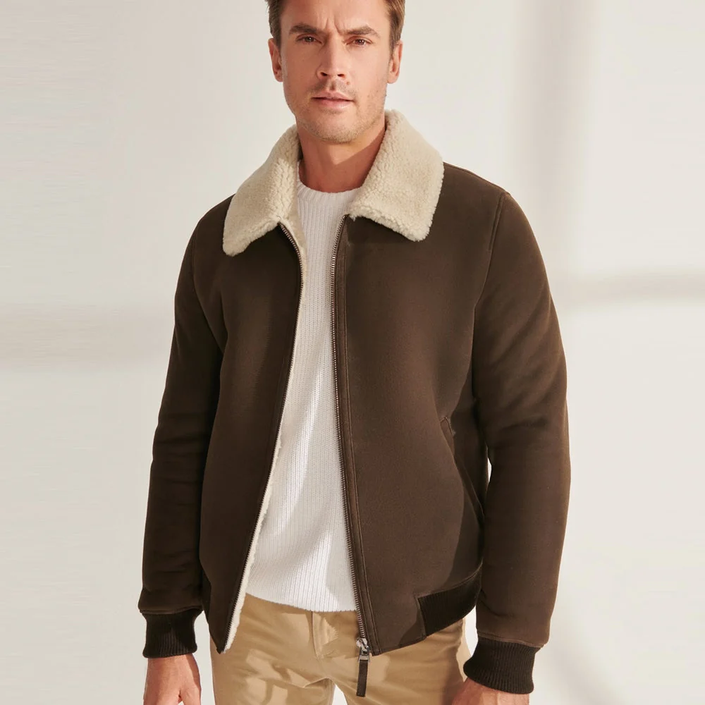 First-Class Men s Khaki Brown Sheepskin Shearling Leather Bomber Jacket Smart