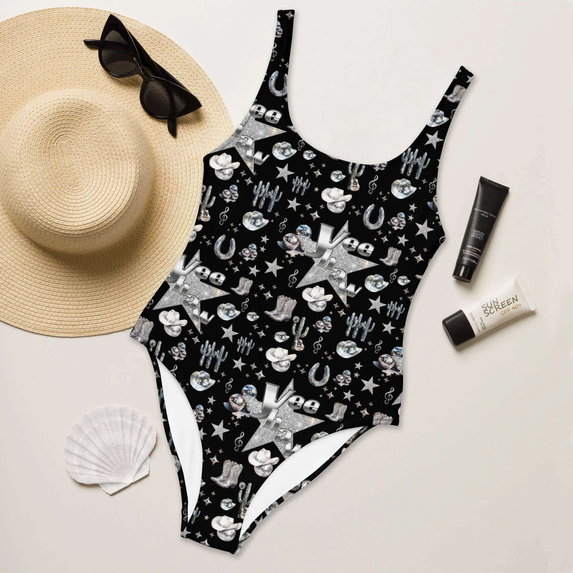 Healthy Baha Ranch Yeehaw Rhinestone Cowgirl Black One-Piece Swimsuit Relaxed