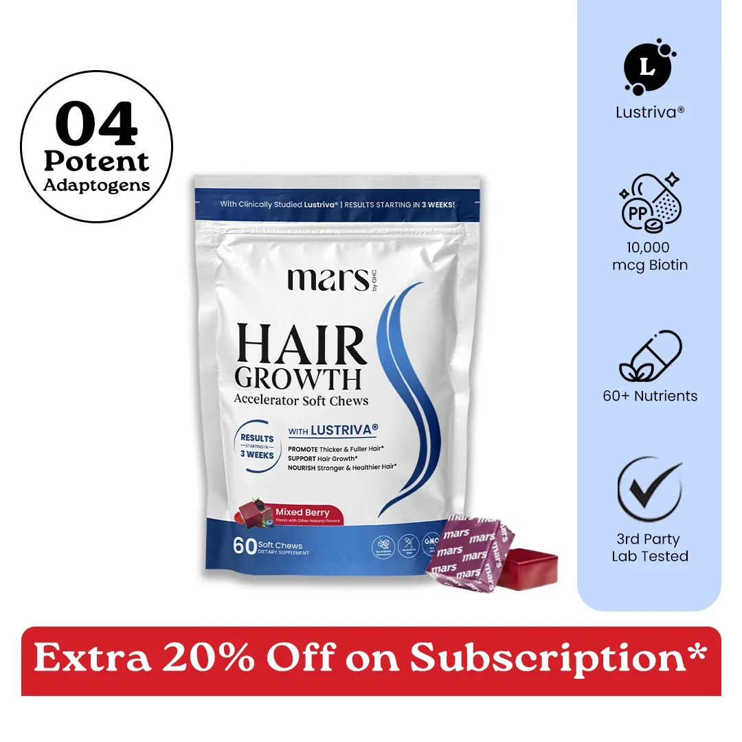 Detailed Mars Hair Growth Scalp Support Soft Chews Powered by Lustriva® with 10 000 mcg Biotin Vitamins C E – Supports Stronger Thicker Healthier Hair 60 Chews Premium