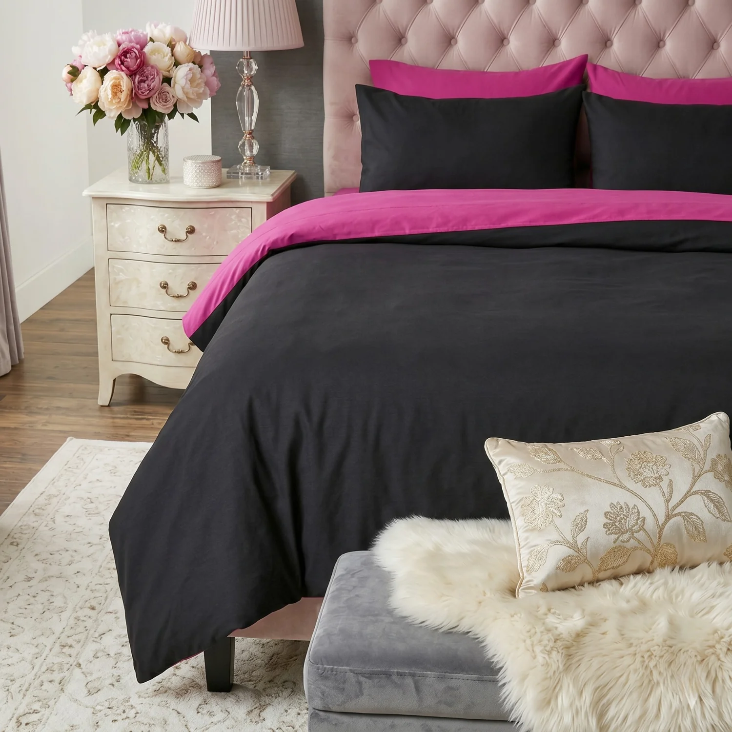 Elite Tache Cotton Hot Pink Black Reversible Comforter Set With Zipper Cover Healthy