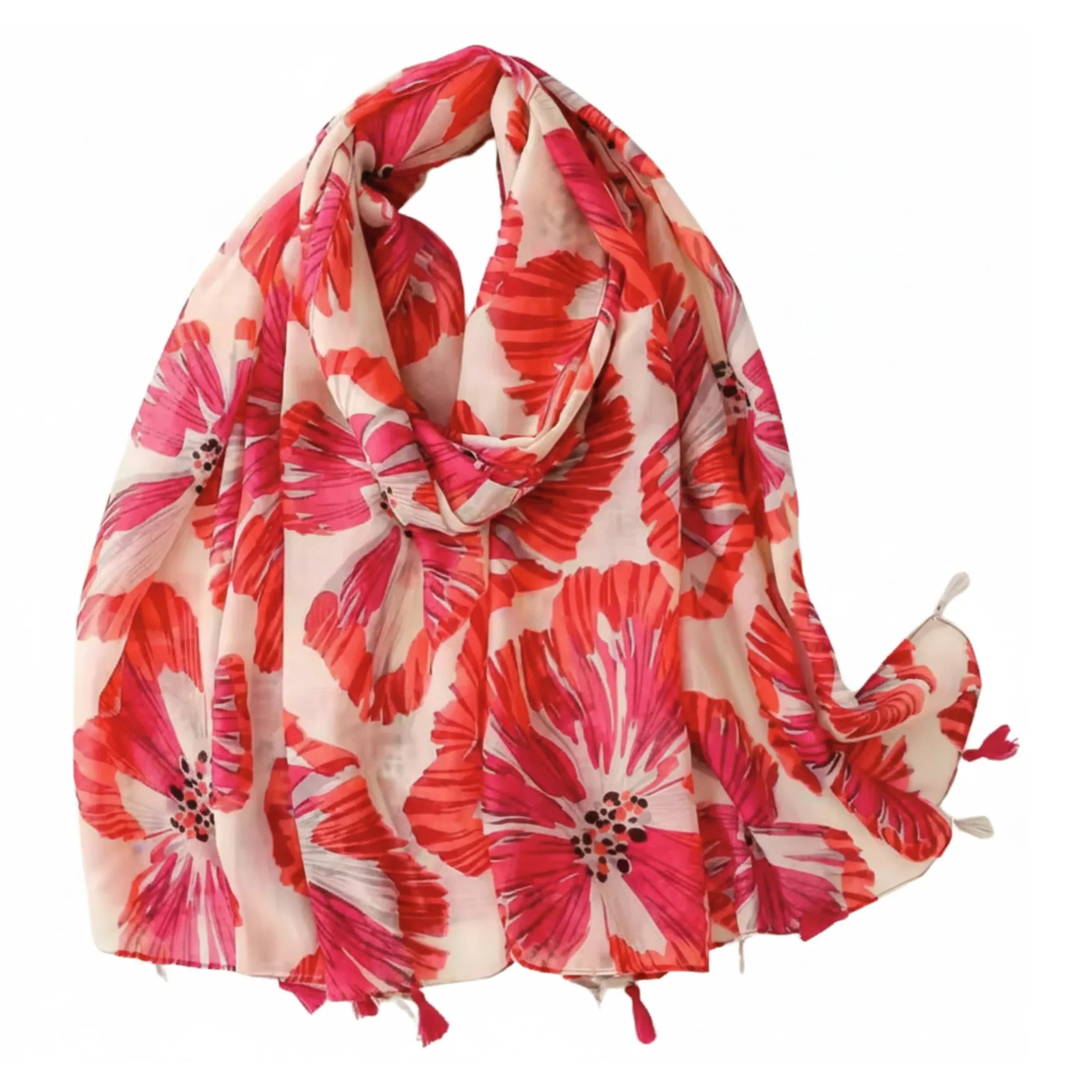 Authentic Vibrant Floral Print Scarf with Tassels Fine Crafted