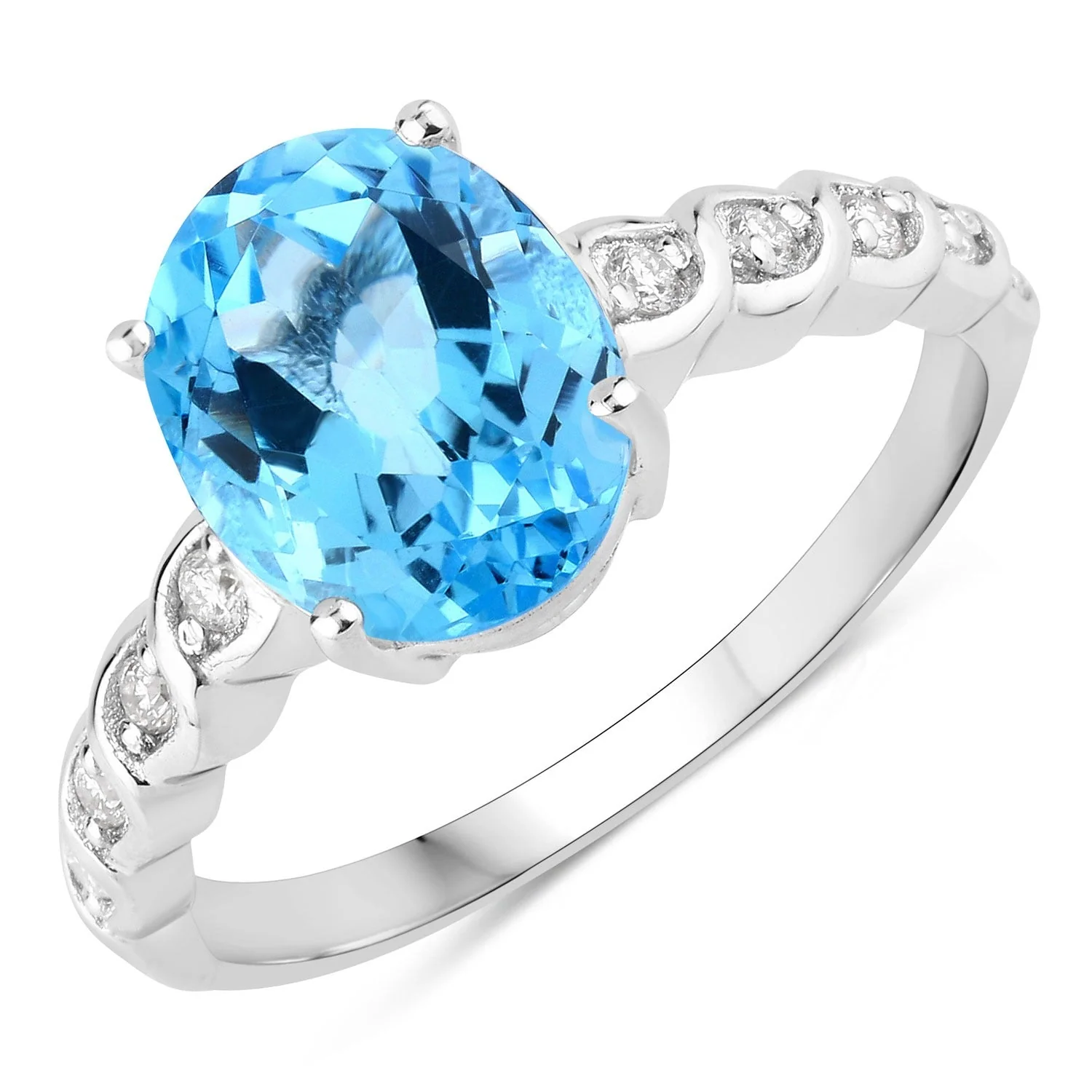 Advanced 2.55 Ct Oval Swiss Blue Topaz and Lab Diamond Prong Silver Bridge Ring Trendy