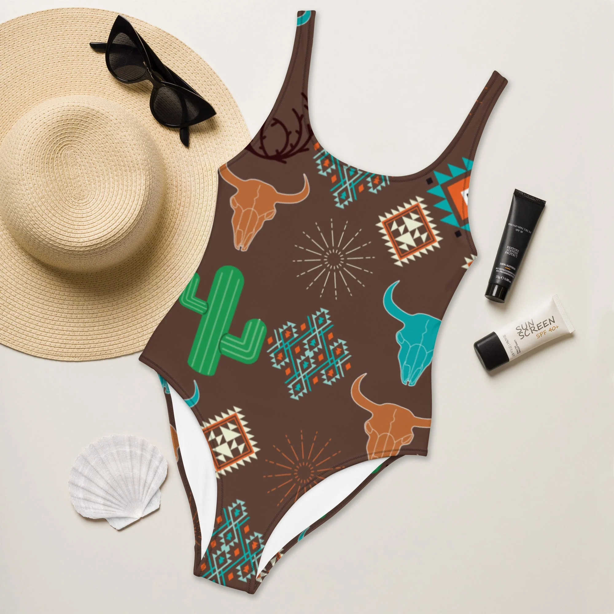 Secure Baha Ranch Yeehaw Bullhead Cactus One-Piece Swimsuit Enhanced