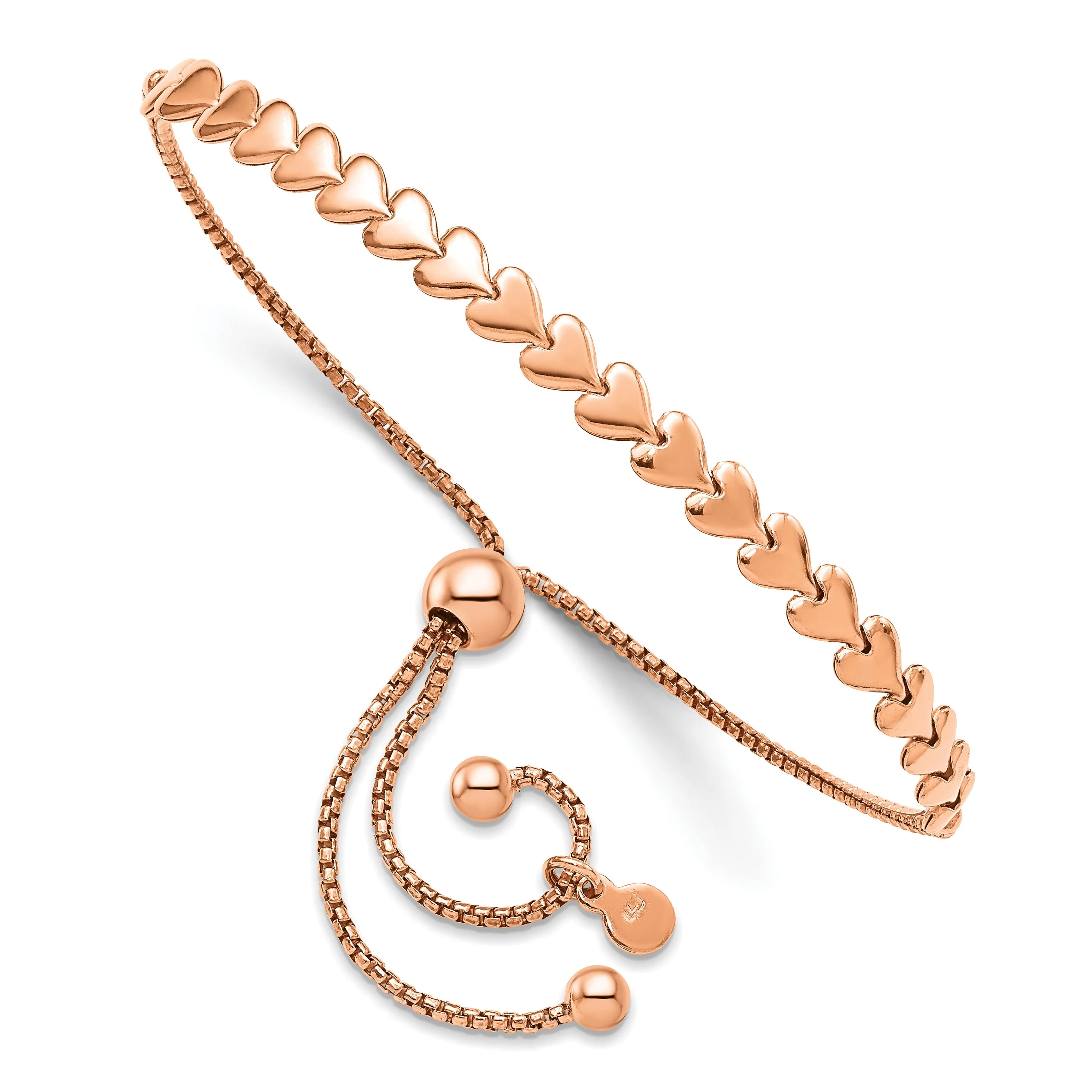 Solid Rose Gold over Silver Interlocking Heart Adjustable Slider Bolo Bracelet Convenient