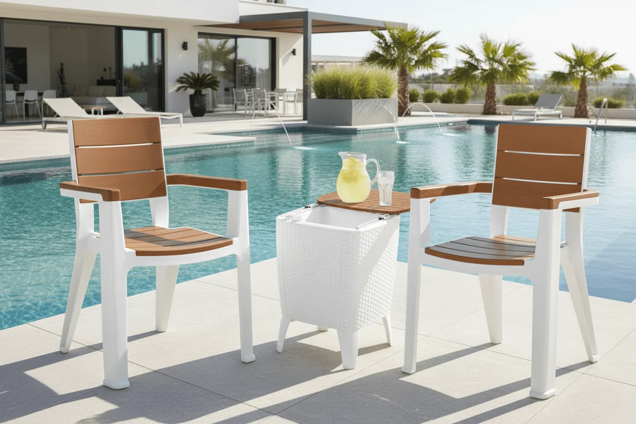 Sustainable Cooler Table Set in White Teak Brown High-Performance