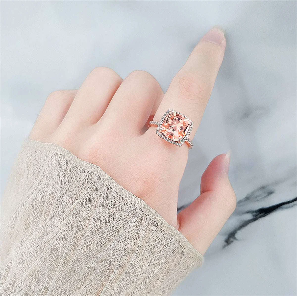Pure Champagne Crystal Cubic Zirconia Square Halo Ring Professional