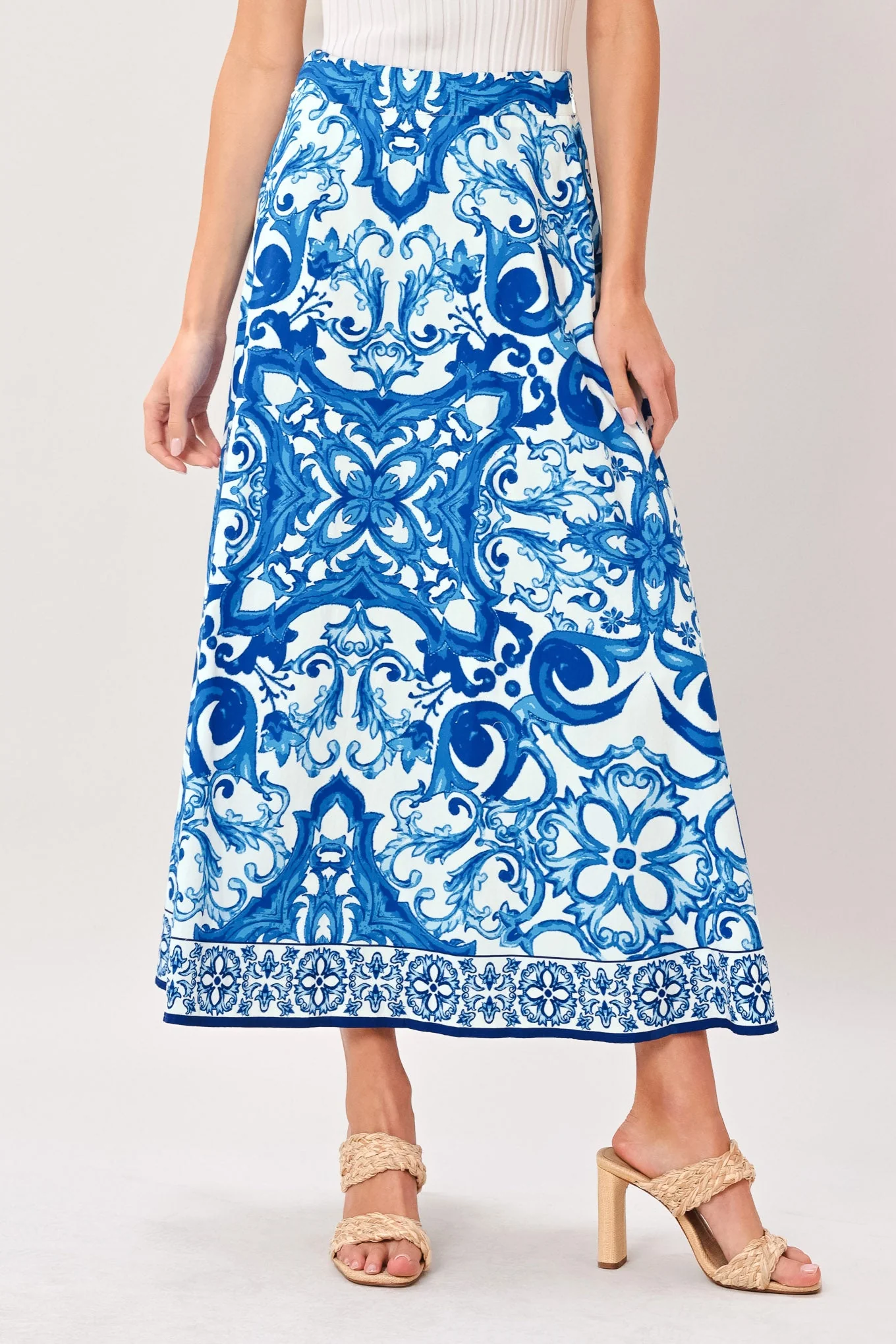 Clean Coastal Mosaic Woven Midi Circle Skirt Elegant