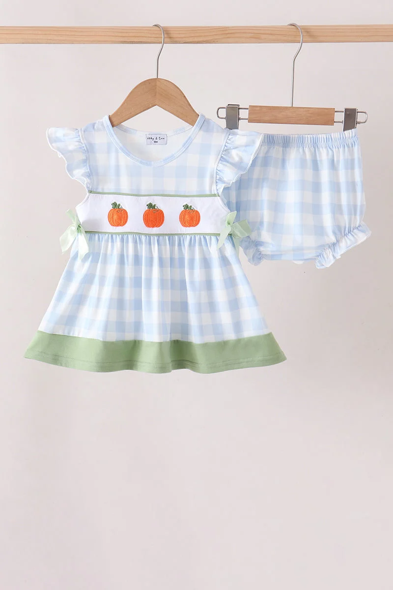 Sustainable Blue Pumpkin Embroidery Gingham Bloomer set Traditional