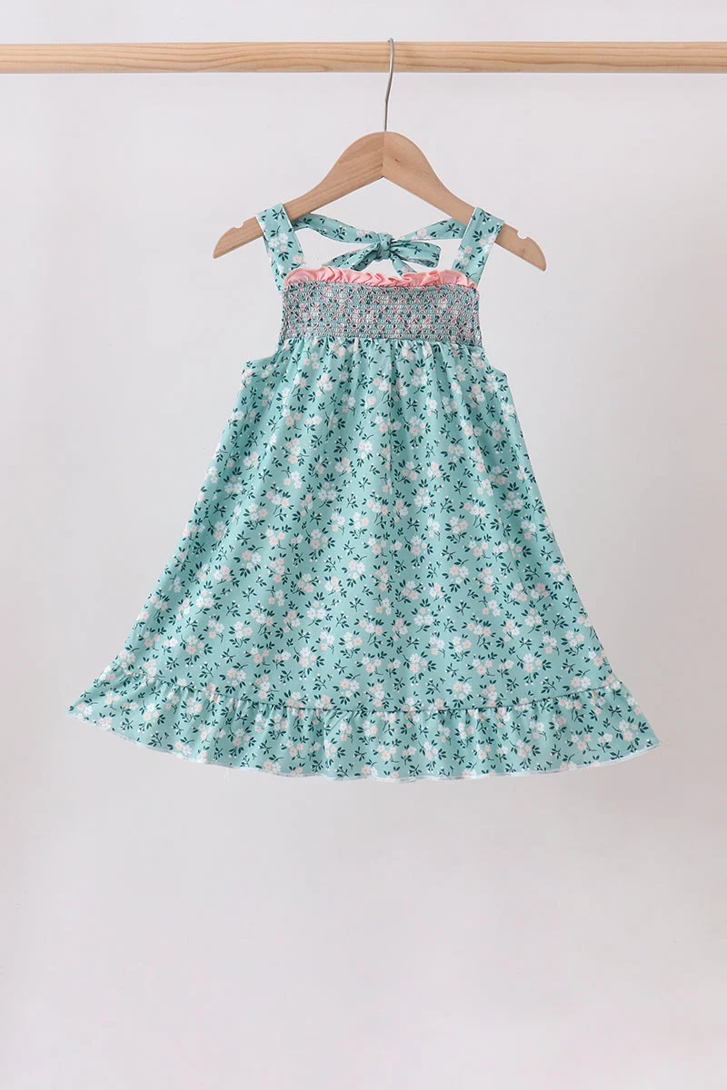Comfortable Green Floral Smocked Ruffle Dress High-End