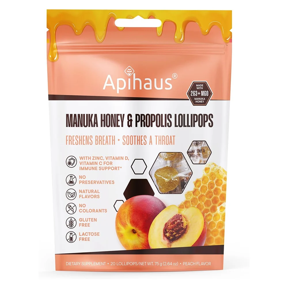 Secure Apihaus Manuka Honey and Propolis Lollipops for Soothing Throat Comfort and Immune Support 2.64Oz 75g 20Ea Healthy