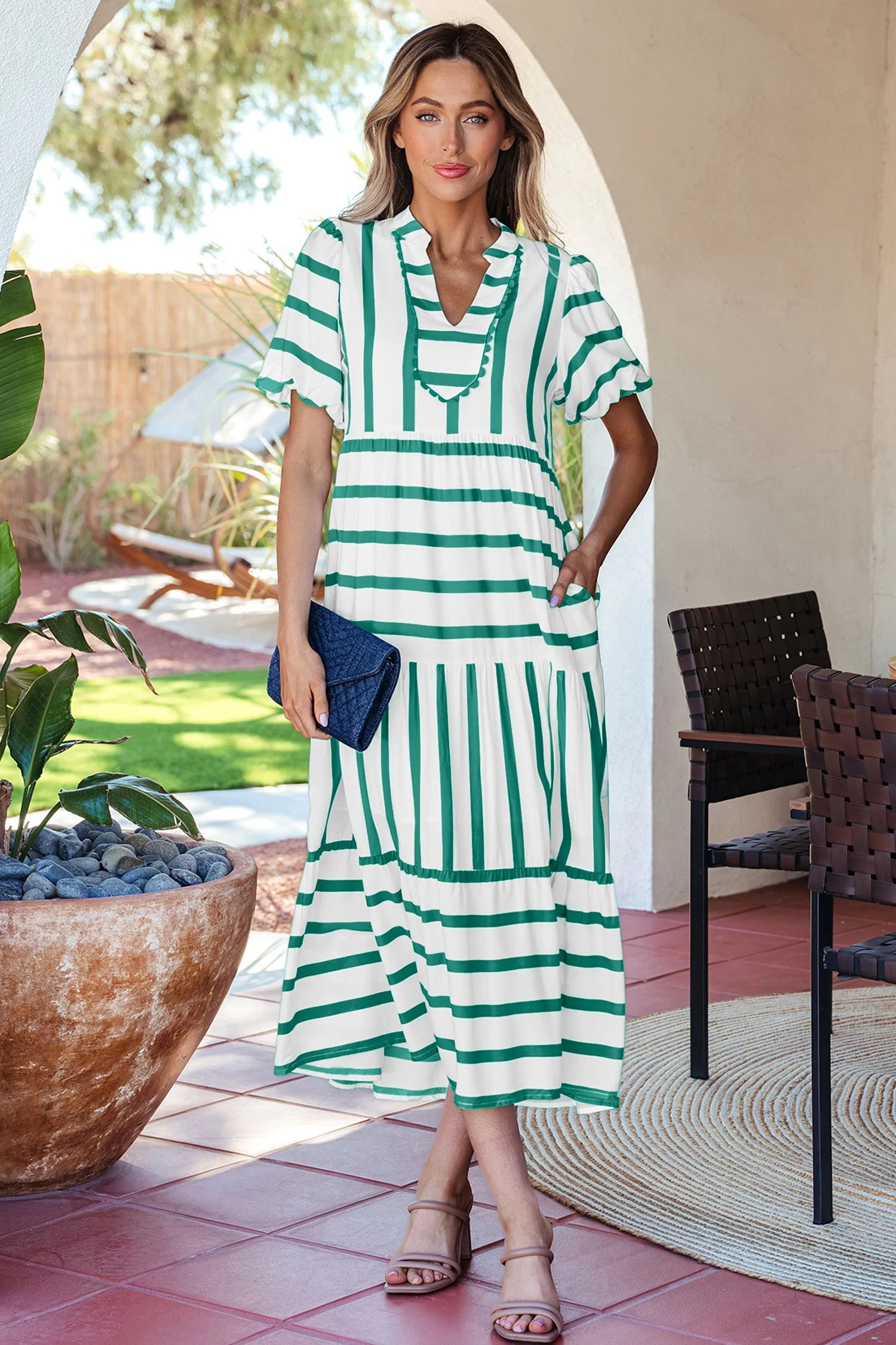 Artisan Threaded Pear Luna Half Sleeve Vacation Dress Trendy