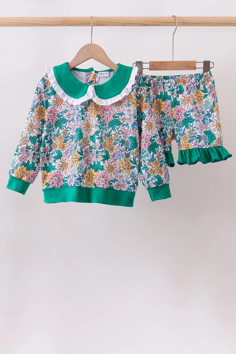 Trendy Green Floral Ruffle Shorts Set Consistent