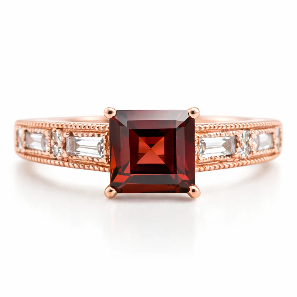 Certified 1.84 Ct Square Red Garnet and White Topaz Prong Silver Cocktail Ring Prestigious