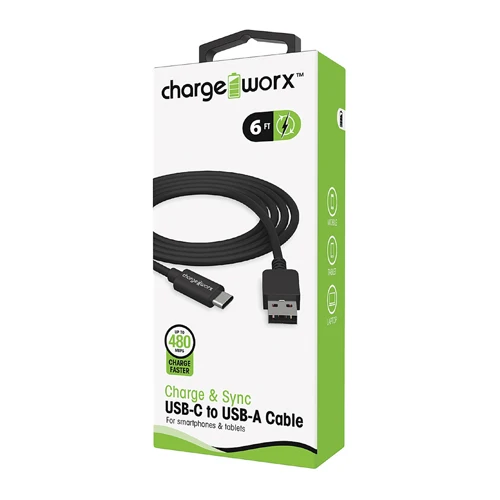 Authentic Chargeworx USB C to USB A Sync and Charge Cable 6 Feet Black 1Ea Responsible