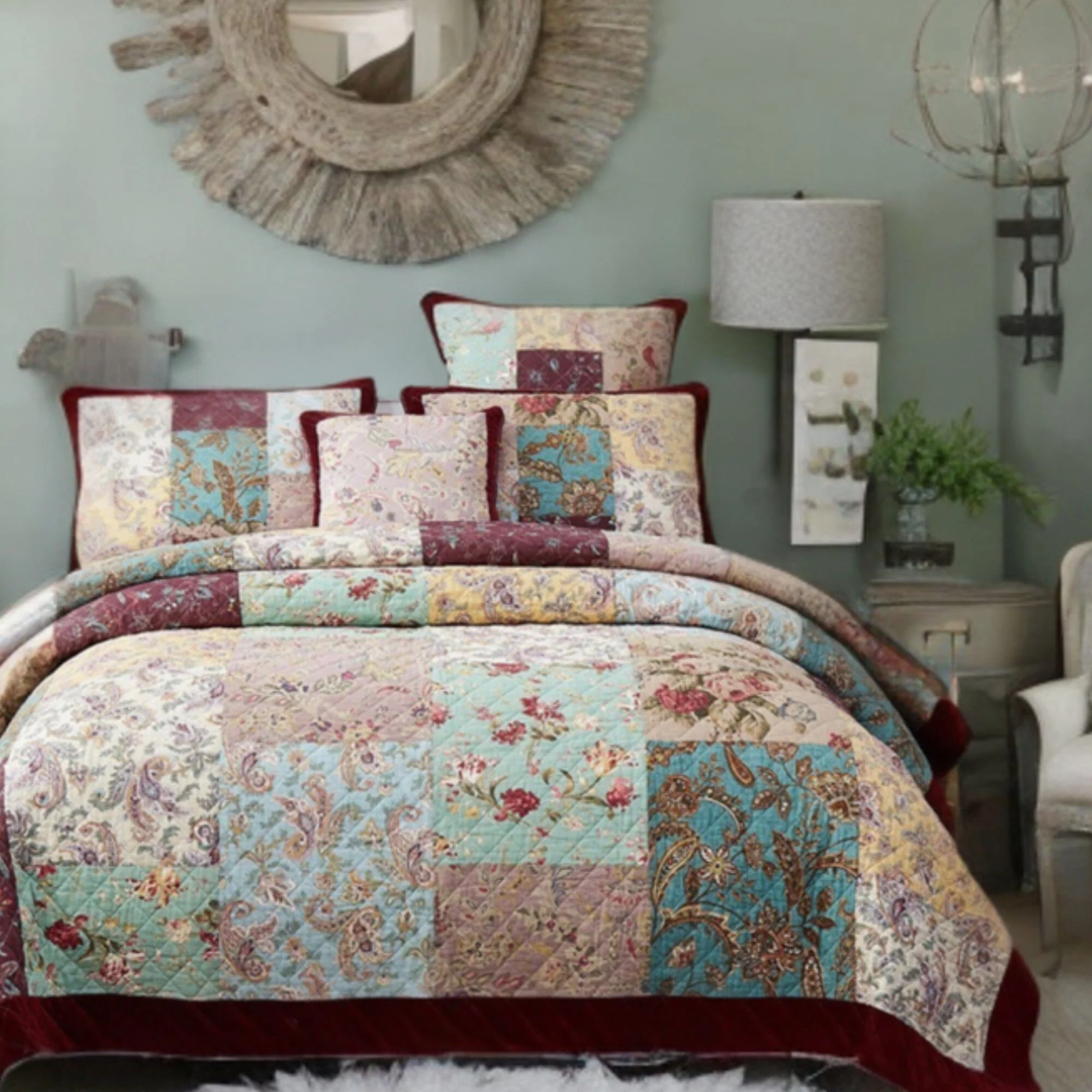 Detailed DaDa Bedding Burgundy Paisley Patchwork Cotton Quilt Set Trusted