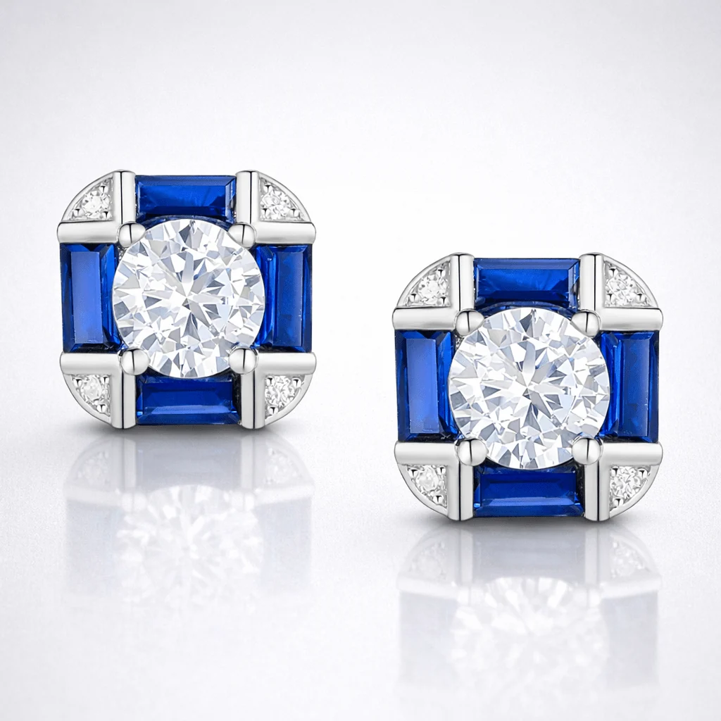 World-Class Serling Silver White Gold Plated with Sapphire Blue Cubic Zirconia Vintage Cushion Geometric Stud Earrings Exclusive