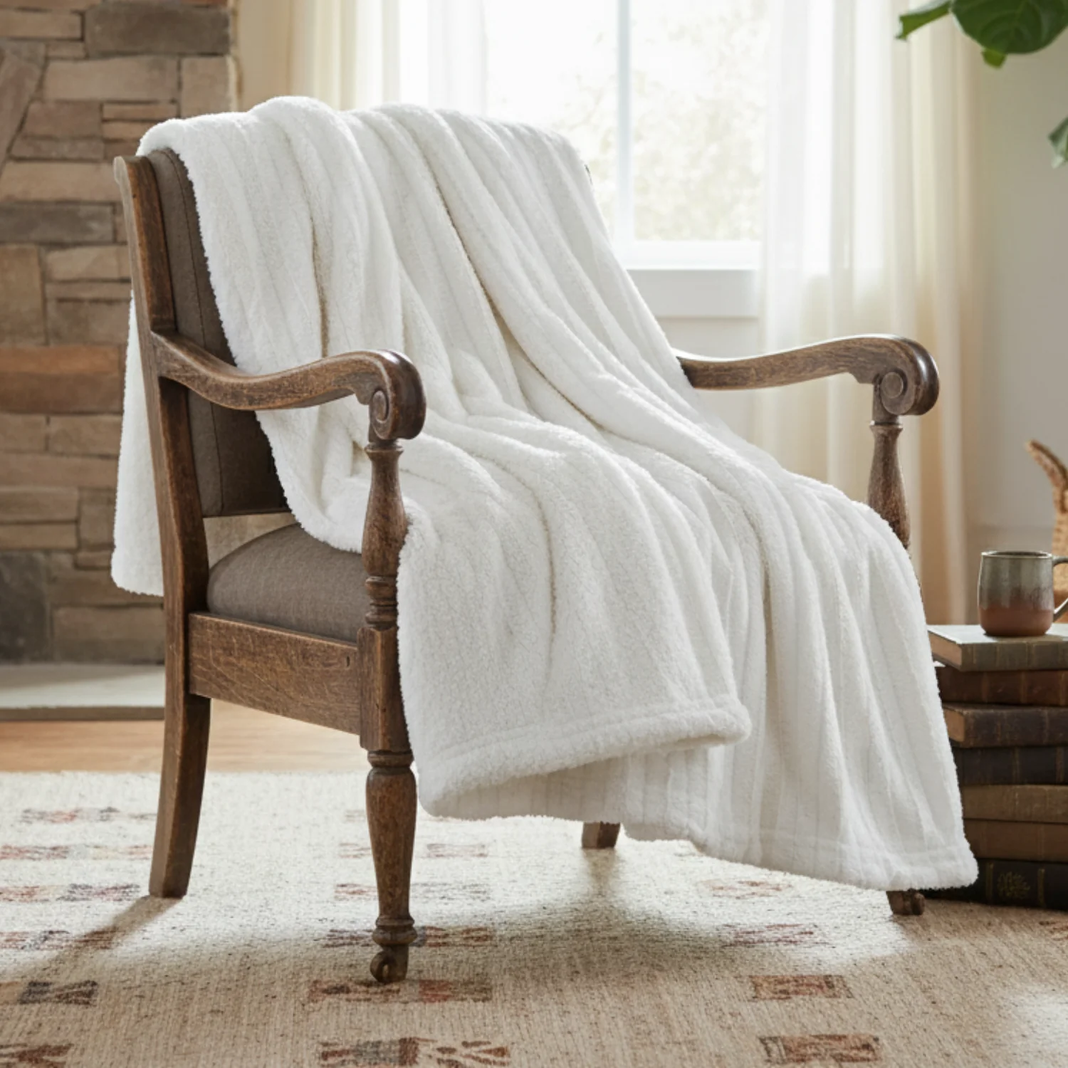 Fashionable Tache White Ivory Polar Faux Fur with Sherpa Throw Blanket Clean