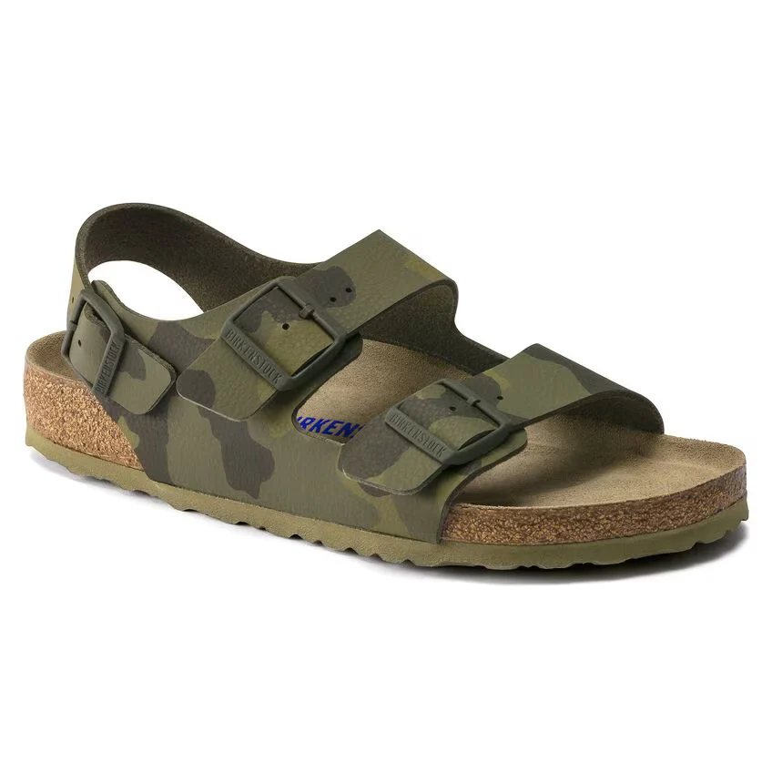 Clean Birkenstock Milano Soft Footbed Birko-Flor Desert Soil Camo Green Sandals Trendy