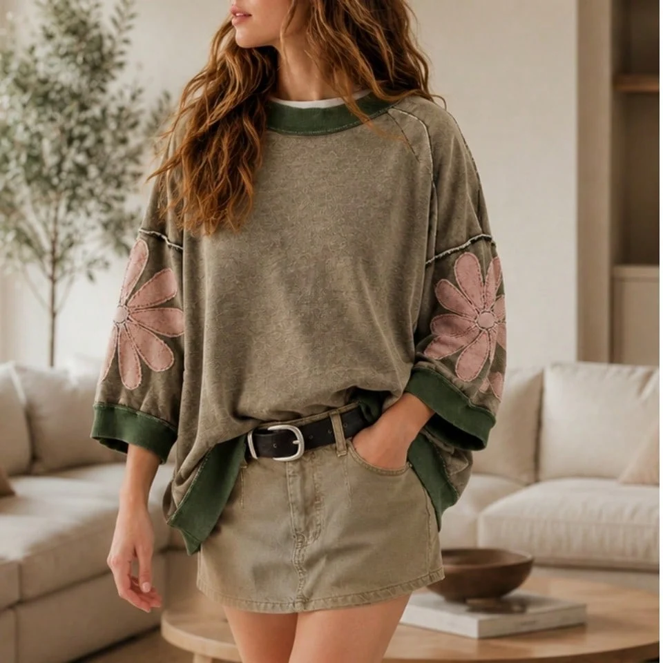 Functional Boho Retro Cotton Mix Drop Shoulder Mineral Acid Washed Oversized Raw Seam Patchwork Flower Patched 3 4 Sleeve Oversize Top Original Design