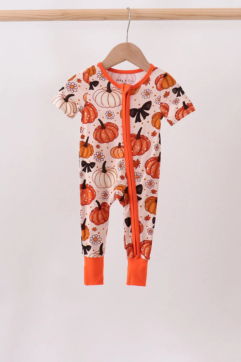 Superior Orange Pumpkin Floral Bow Bamboo Romper Casual