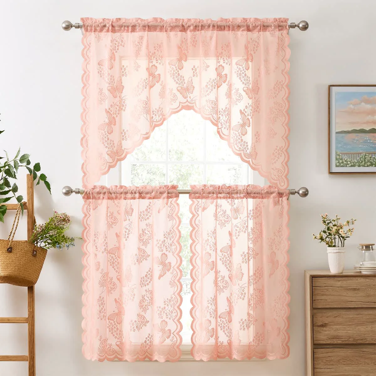 Effective Thd Pixie Floral Lace - Sheer 3 Piece Kitchen Curtains Set Window Swag Valance 36 Inch Tiers Set Responsible