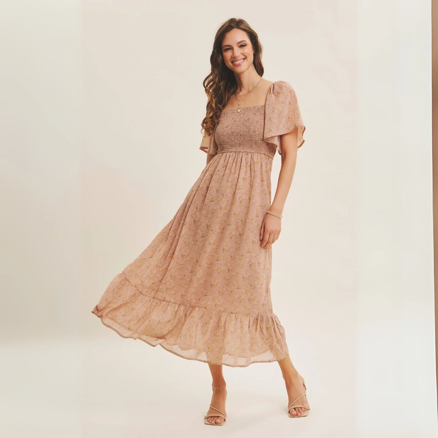 Expertly Made Ariana Square Neck Floral Chiffon Smocked Midi DressAriana-Square Neck Floral Chiffon Smocked Midi Dress – Flutter Sleeve Lined Midi Premium Material