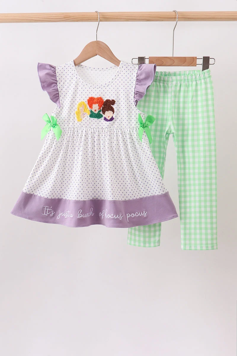 User-Friendly Purple Hocus pocus french knot ruffle pants set Expertly Made