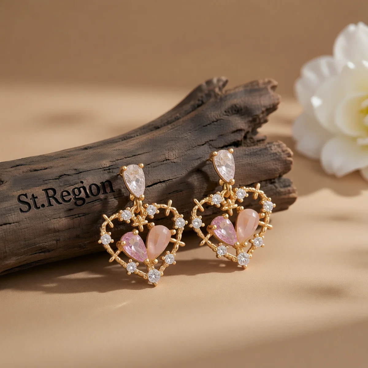 World-Class Pink Cat's Eye Crystal Cubic Zirconia Heart Drop Earrings Prestigious